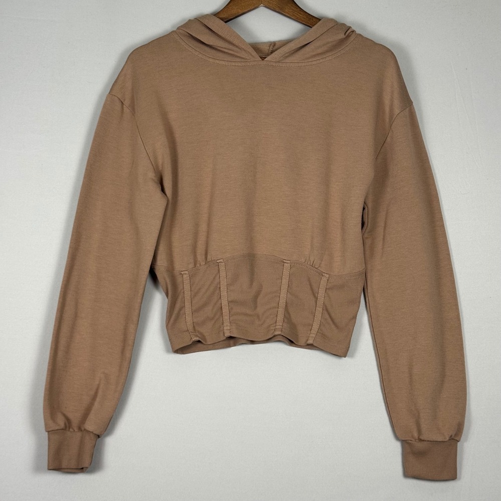 Gilded Intent Corset Hoodie Women Large Tan Excellent Ribbed Waist Pullover